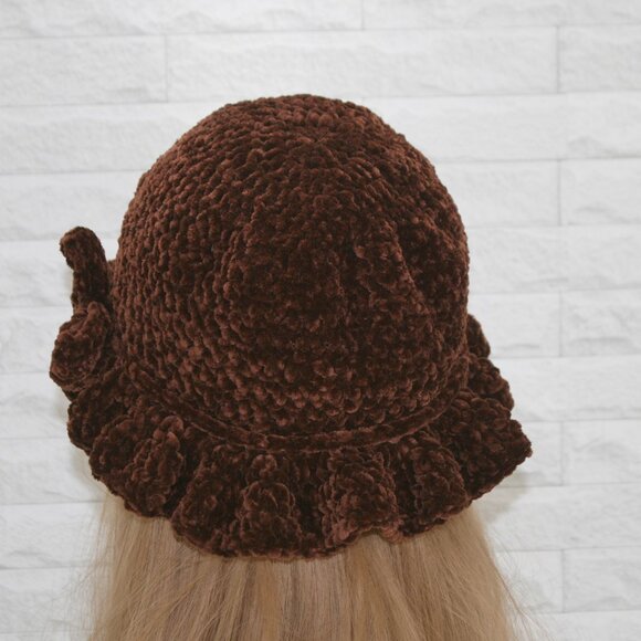 HAND CRAFTED Hat Crochet Bucket Chenille Winter Full Ruffle Brown Wide Brim - Picture 4 of 12